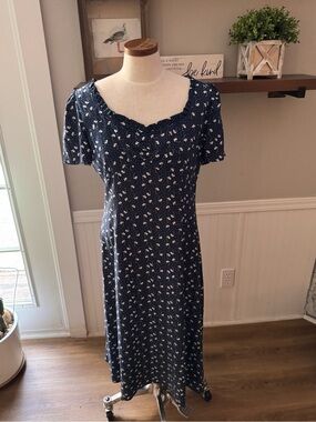 LOFT Navy Floral Sweetheart Midi Dress